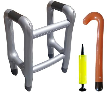 CHUNLINLAODA-Aufblasbare Gehhilfe+Aufblasbarer Spazierstock Aufblasbare Gehhilfe und Gehstock Set Aufblasbarer Rollator für Ihr Kostüm als Oma oder Opa zum Karneval oder als Geburtstag (silbergrau)
