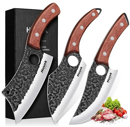 Huusk Butcher Knife Set of 3 - Japanese Knife Set for Meat Cutting
