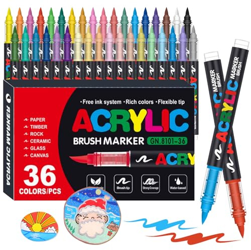 Laconile 36 Farben Acrylstifte für Steine Wasserfest, Brush Tip Acrylic Pens Set, Schnelltrocknend und Ungiftig, Ideal Acrylstifte zum Bemalen für Steinen, Glas, Leinwand, Keramik, Holz, Metall