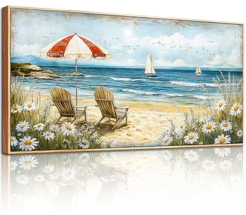 hyidecorart Wandbilder Wohnzimmer Groß, 73x146 cm Blumen Strand Leinwandbilder mit Rahmen, Natur Wanddeko Aesthetic Schlafzimmer Büro Flur Esszimmer Arbeitszimmer Treppe