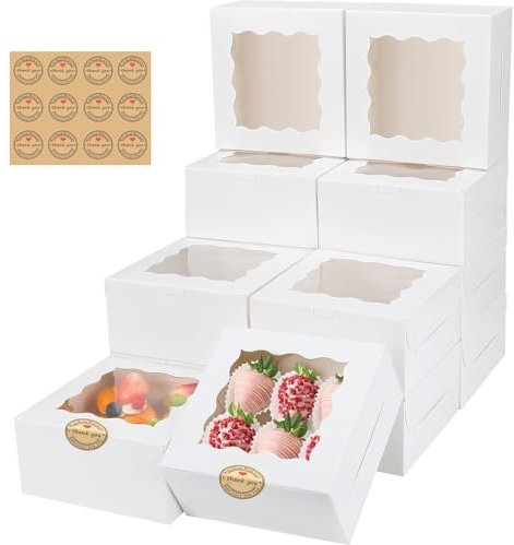 Sivaopa 50 Stück Gebäckkarton, weiße Kuchenkarton mit Aufklebern, Macaron-Schachtel, Cupcake Transportbox mit Fenster, Geschenkbox, Tortenschachtel, Bäckereischachteln für kleine Kekse, Mini-Kuchen