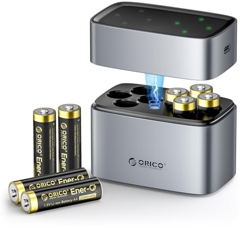 ORICO Lot de 8 Rechargeables Piles AA 1,5V Lithium avec Chargeur | 2300mWh, 1500 Cycles, Charge Rapide 2,5 h, boîtier en alliage d’aluminium, Adapté aux Télécommandes et Jouets Électroniques