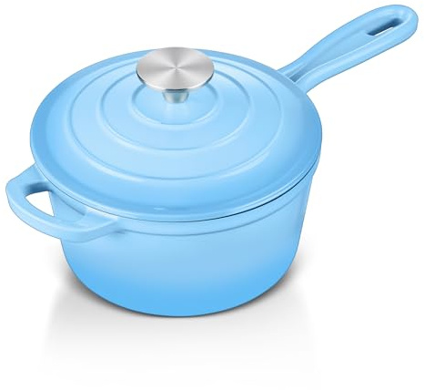 Enameled Cast Iron Sauce Pan with Lid, Leonyo 1 Quart Saucepan with Lid, Small Enamel Cast Iron Dutch Oven Kitchen Cookware for All Cooktops Cooking Soup, Milk - Up to 500°F & 4.4Lbs, Lake Blue
