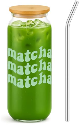 LemonRoad 16 oz Matcha Glass Cup with Bamboo Lid Glass Straw Brush | Iced Tea Drinking Cup for Women, Clear Drinkware with Cleaning Tool, Reusable Straw, Matcha Lovers, Birthday Gift