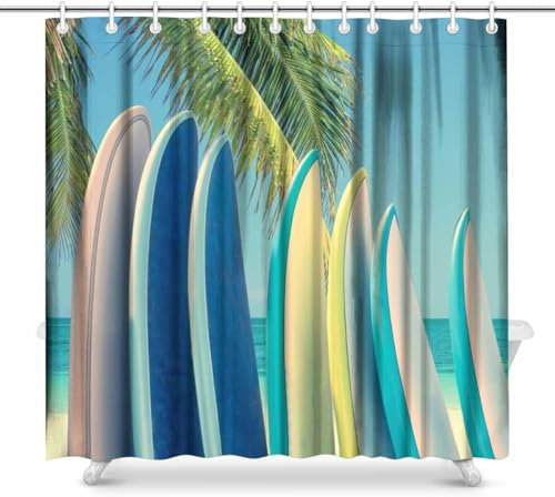 okoikfc Rideau Douche Anti Moisissure 3D Tropicale, Rideau de Douche 300x200 cm Planche Surf Tropicale, Rideaux Baignoire Imperméable Lavable Polyester Rideaux Salle de Bain avec 16 Crochets b19