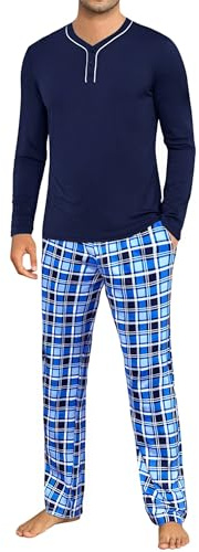 Demegimi Pyjama Homme Long en Coton à Carreaux Ensemble de Nuit Confortable avec Haut à Manches Longues et Pantalon