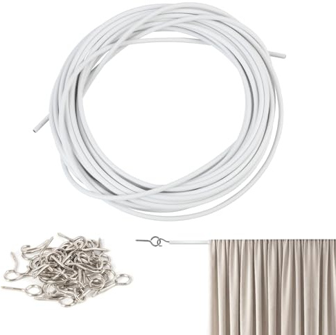 10M Vorhangdraht Weiß, Vorhangseil,Gardinen Seilsystem,Gardinen Drahtseil, Kunststoffbeschichteter Gardinenseil mit 25 Schraubenösen und 25 Haken, Rostfreier Stahl Vorhangseilsystem, Einfache Montage