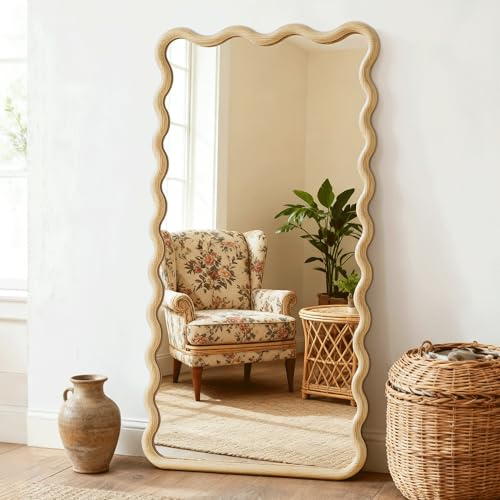 LAWADA Full Length Mirror, 55x28 Boho Wavy Wood Floor Mirror, for Bathroom, Bedroom, Living Room, Cloakroom, Entryway
