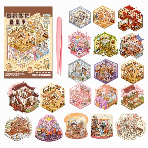 20 Stück 3D House Stickers Set, Wiederverwendbares Szenen Stickerbuch mit 30 PET Stickern und Pinzette, DIY Miniaturhaus Aufkleber, Sticker Therapy Bastelset für Erwachsene und Kinder