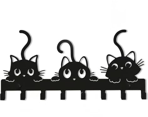 Eclove 26 x 12cm Portachiavi da Parete, Appendichiavi da Parete in Metallo Nero con 8 Ganci, Tema Gatto Gancio da Parete, Decorativo per Corridoio Porta Anteriore Camera da Letto (Tre gattini)