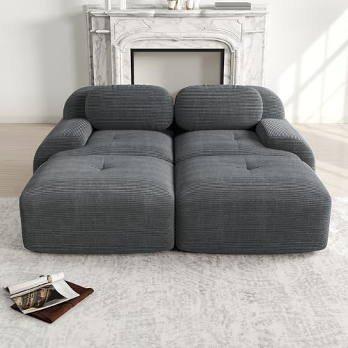 Ligterra Modulares 2 Sitzer Sofa aus Cordstoff, Ecksofa, Boneless Couch mit 2 Ottomane, Compressed Sofa, Ohne Montage & Rutschfester Unterseite, frei Kombinierbar, 208×178×75cm (Grau)