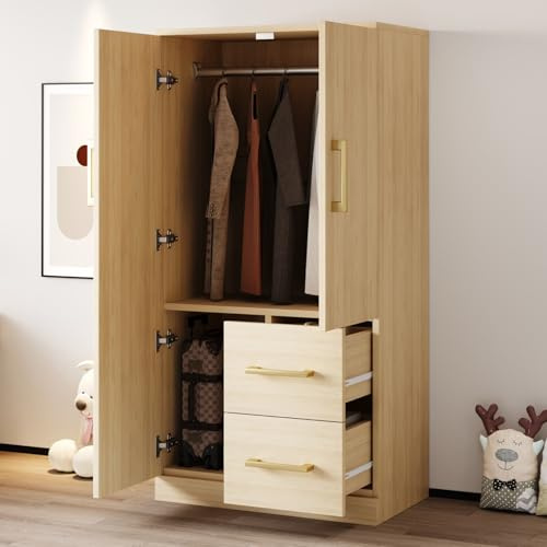 KOMHTOM 70x40x135cm Penderie Armoire avec étagères et Tiroirs, Armoire de Rangement Chambre avec 2 Portes et 2 Tiroirs, Meuble Penderie (Naturel-A)