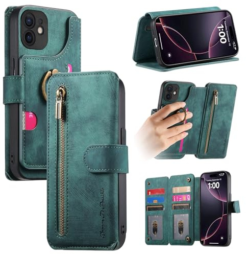 Trugox Zip Wallet Case for Apple iPhone 11 Phone Case with Ring Stand RFID Blocking Safe Card Holder Leather Purse Folio Book Folding Flip Case Cover Women Men - Green