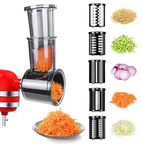 Slicer Shredder Aufsatz für KitchenAid Standmixer - Käsereibe, Gemüsehobel, Salatmacher, Lebensmittelzerkleinerer - Reibe & Aktenvernichter Zubehör für KitchenAid Mixer mit 5 Klingen (Slicer Shredder)