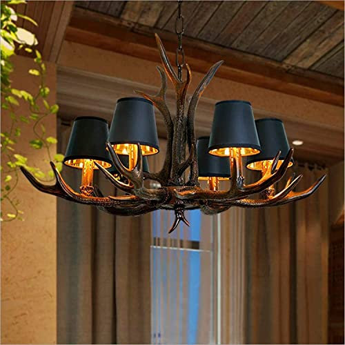 COCOL Geweih Kronleuchter Lampe Glanz Antike Schlafzimmer Pendelleuchte Harz und Schwarzer Stoff Lampenschirm Leuchter Korridor Vintage Stil Harz Horn Horn E14 Dekoration Esstisch