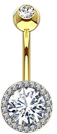Paula & Fritz® Bauch-nabelpiercing Runder Zirkonia Umrandet 316L Chirurgenstahl Banane Bauch-Piercing Bananabell Nabel-Piercing Gold