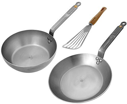 DB Mineral B - Sartén de hierro (28 cm, sartén de granja de 24 cm, mango flexible y B Bois)