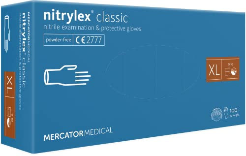 Nitrylex Classic Einweg-Nitrilhandschuhe, schützende Untersuchungshandschuhe, puderfrei, unsteril, Blau , Größe XL (9-10), beidhändig tragbar, Mikro + strukturierte Fingerspitze, dispenser box 100 Stk