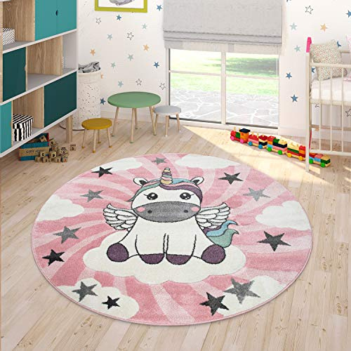 Paco Home Tapis Enfant Chambre Enfant Filles Moderne Licorne sur Nuages Rose Violet, Dimension:120 cm Rond