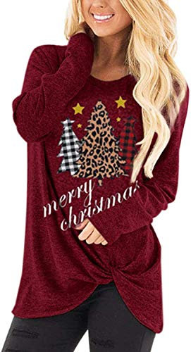 BUOYDM Women T Shirt Long Sleeves Christmas Jumper Girls Xmas Tree Tops Pom Jumper Burgundy Red XL