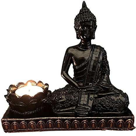 Uziqueif Sitzende Buddha Statue Deko mit Kerzenhalter, Buddha Teelichthaltern, Asiatische Deko, Höhe 16.2 cm, Schwarz, Harz