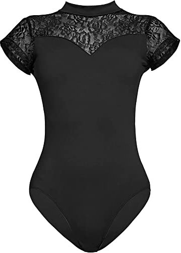 HilyBony Damen-Ballett-Trikot, schwarze Spitze, kurzärmelig, mit elegantem Schwanenkragen, Tanz-/Gymnastik-/Yoga-Gymnastikanzug, Schwarz , 42