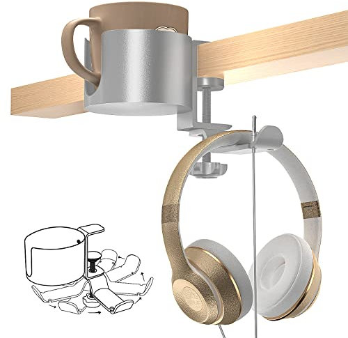 Teahutty 2-in-1 Anti-Spill Cup Holder with Under Desk Headphone Hanger Desk Mount 360° Rotation Headphone Holder Table Cup Holder Gaming Desk Accessories
