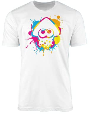 SMARTYPANTS Inkling Colour Ink Splat T-Shirt Top Tee - Squid Splat Octolings Turf War Battles Third Person Shooter Online Video Game Campaign Adult Teen Kids Gift Present (12-14 Years, White Prime)
