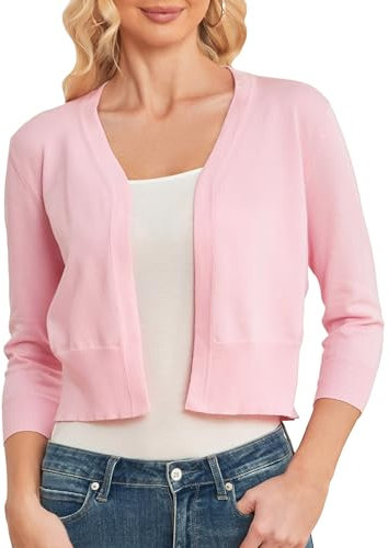 CUNYI Bolero Cardigan Donna Corto Manica 3/4 Coprispalle Frontale Aperto Elegante Scollo en V Maglione Leggero, Rosa XL
