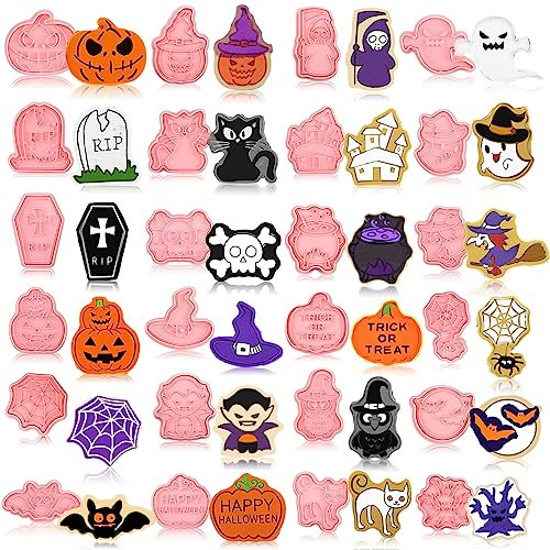 Roshtia 24 Stück niedliche Halloween-Ausstechformen aus Kunststoff, Keksstempel, Halloween-Plätzchenformen, Geist, Kürbis, Katze, Hexe, Hut, Fledermaus, Keksform für DIY-Kuchen-Backzubehör,