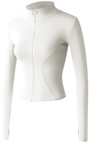 Sukany Women's Slim Fit Lightweight Athletic Full Zip Stretchy Workout Running Track Jacket with Thumb Holes White XL