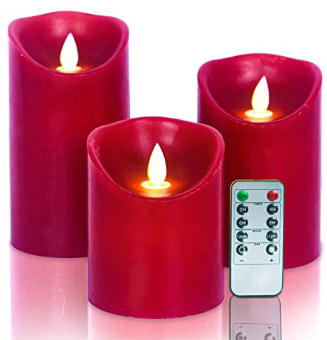 VETOUR Flammenlose rote LED-Kerzen 3 Stück batteriebetriebene flackernde Kerzen H4 12,7 cm 15,2 cm D3.15 Echtwachs Stumpenkerzen mit 10-Tasten-Fernbedienung und Timer für Zuhause, Party