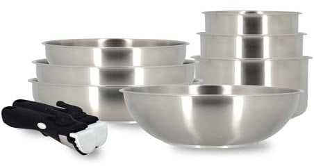 MENASTYL - Batterie de cuisine amovible en Inox Iris 9 pièces - Compatible tous feux dont induction, four et lave-vaisselle - Empilable - Acier inoxydable et fond sandwich renforcé - 6014198