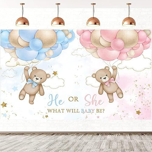 2.1x1.5m Foto Hintergrund Gender Reveal Bär Luftballons Blau oder Rosa He or She What Will Baby Be Fotografie Hintergrund Gender Reveal Party Kuchen Tisch Dekorationen Banner Fotostudio Requisiten