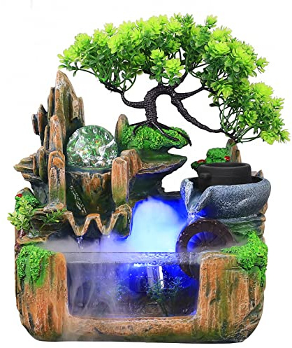 HarBin-Star Zimmerbrunnen mit LED Beleuchtung, Tischbrunnen Wasserfall mit Nebel und Kristallkugel, Grüne Pflanze Brunnen, GartenAquariumHarz Desktop-Brunnen, Zimmerbrunnen 34 x24 x 34 cm