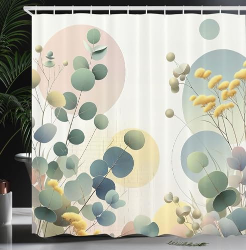 ABAKUHAUS Eukalyptusblätter Duschvorhang, Pastellwiese von Zweigen und Wildblumen auf modernen Kreisen, Stoffliches Gewebe Badezimmerdekorationsset mit Haken, 175 x 200 cm, Lorbeergün Blau Creme