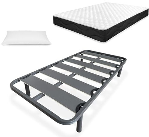 Homey Sleep Pro Lit Complet avec Matelas réversible + sommier à Lattes renforcées avec 4 Pieds cylindriques métalliques filetés, 90 x 190 cm