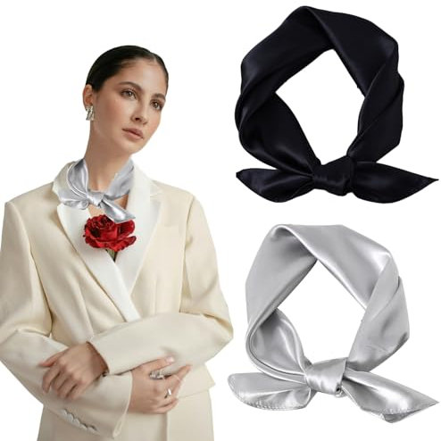 AWOCAN 2PCS Seidenschal Kopftuch für Frauen Square Taschentuch Square Bandana Halstuch Leichtes Halstuch (schwarz+silber)