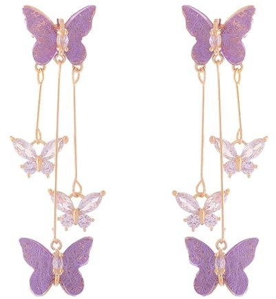 JRYGAC Pendientes Largos Mujer Borla Ligero y Cómodo, Pendientes Mujer Púrpura, Hermosa y Romantica, Pendientes Mariposa Diseño Asimétrico, para Bodas, Fiestas Veladas Ceremonias Eventos