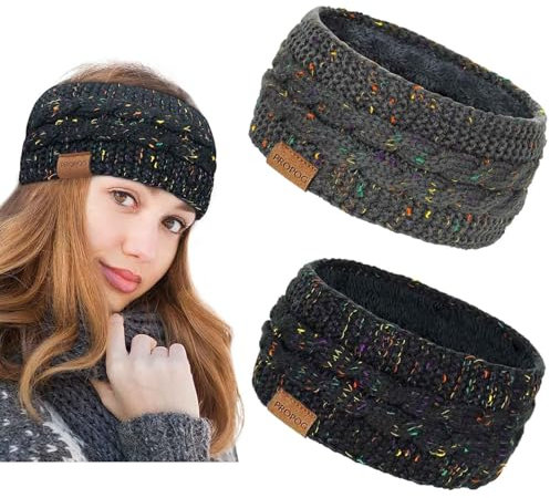 PROPOG Winter Knitted Headbands for Women, 2 Pack Thermal Ear Muffs Fleece Ear Warmers Soft Hairbands Lining Hair Wrap Christmas Hair Accessories Gifts for Running Workout Skiing