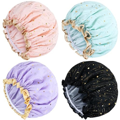 Yoosit 4 PACK Large Waterproof Satin Shower Caps Adjustable Bath Hair Caps Silky Fabric Lined Bathing Hair Cover Wraps Bonnets Hair Protector for Women Girls (Star Colors)