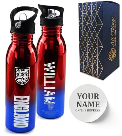 Personalised Metallic Water Bottle, Made with Official England F.C. Bottle, Customise with Any Name, 700ml/24oz Capacity, Gift Boxed, Gift for Him, Stainless Steel Bottle