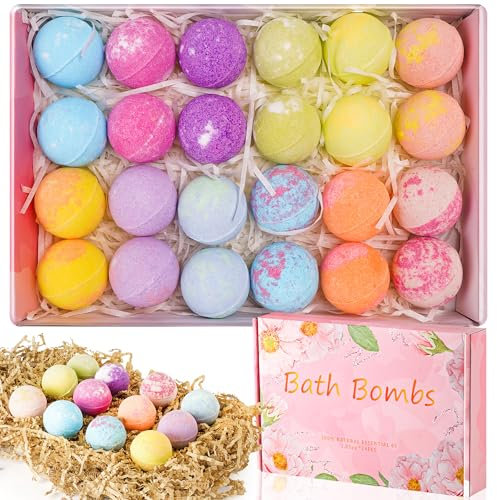 24pcs Coffret Cadeau Bombe de Bain, Boules de Bain Emballage Individuel, Kit de Beauté Relaxant Cadeaux pour Fille, Enfants, Femme, Maman, Petite Amie, Anniversaire, Saint-Valentin, Fête des Mères