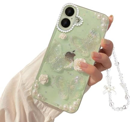 Reownest for iPhone 16 Case Cute Bling Floral Butterfly Clear Design Crystal Glitter Sparkly Aesthetic Phone Case for Women Girls +Pearl Chain