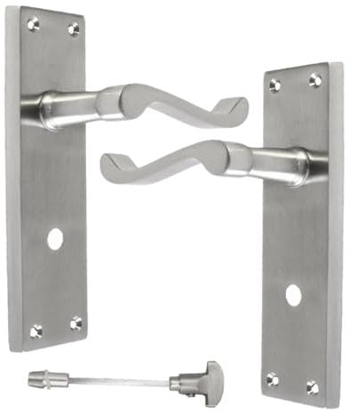 Epsom Door Handle Satin Bathroom Door Handle with Privacy Lock Set and 3 Lever Sash Lock- Victorian Style Internal Thumb Turn Latch for Interior Doors Satin Chrome (Pair of Bathroom Handles)