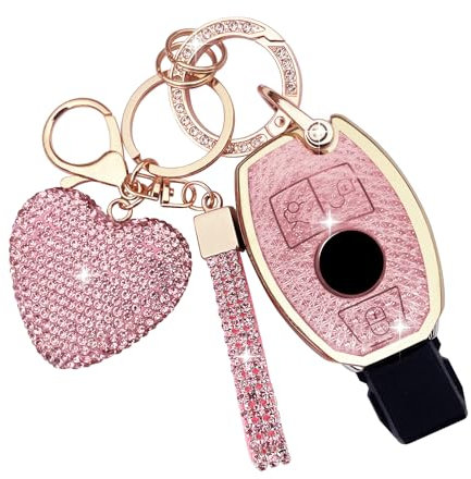 ZVRSUA Autoschlüssel hülle Cover mit Diamant Bling Schlüsselanhänger aus Weichem TPU,für Mercedes Benz AMG C E M S CLS CLA GLK GLA GLC GLE(Rosa)
