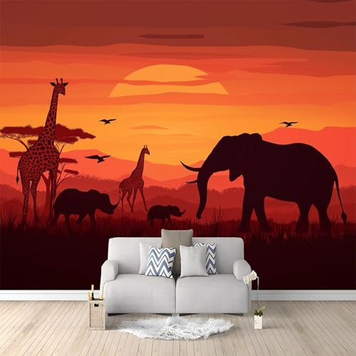 Papier Peint intissé Girafe Éléphant Coucher De Soleil Orange 350x256 cm Papier Peint Photo Panoramique, Poster Geant Mural Personnalisé 3D, pour Salon Cuisines Chambre Adulte Enfant Décor Murale