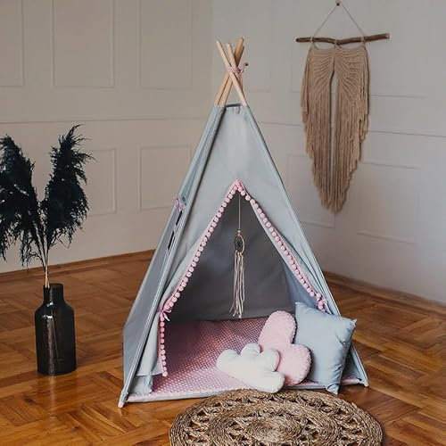 HOMECHIC Kinder Spielzelt Wigwam Lichtgrau/Rosa Pompons Bodenmatte 3 Kissen 110x110x150cm Tipi Teepee Premium Stabilisator