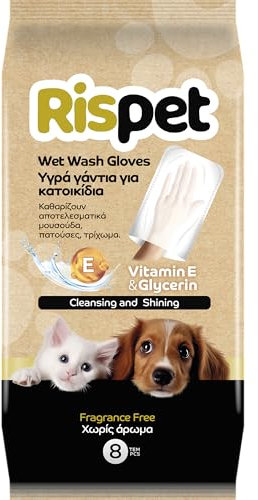 Rispet Lingettes de Nettoyage pour Chiens Chats et Animaux domestiques, éliminent Les Poils nettoyants et désodorisants, Gants hygiéniques jetables, 8 Gants