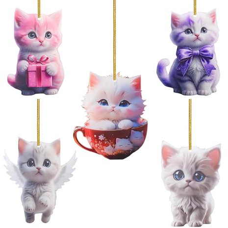 5 PCS Klein 2D Acryl Katze Weihnachts Baum Anhänger Basteln Set Mini Lustig Bunt Weihnachtsdeko DIY Tasche Charm Personalisiert Geschenk Zubehör für Schlüsselanhänger, Kett, Haus, Wand, Party Deko